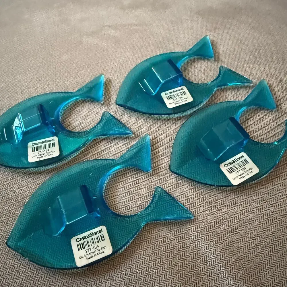 Vintage Crate & Barrel Blue Fish Drink Holder Clips Set of 4 Pool Party